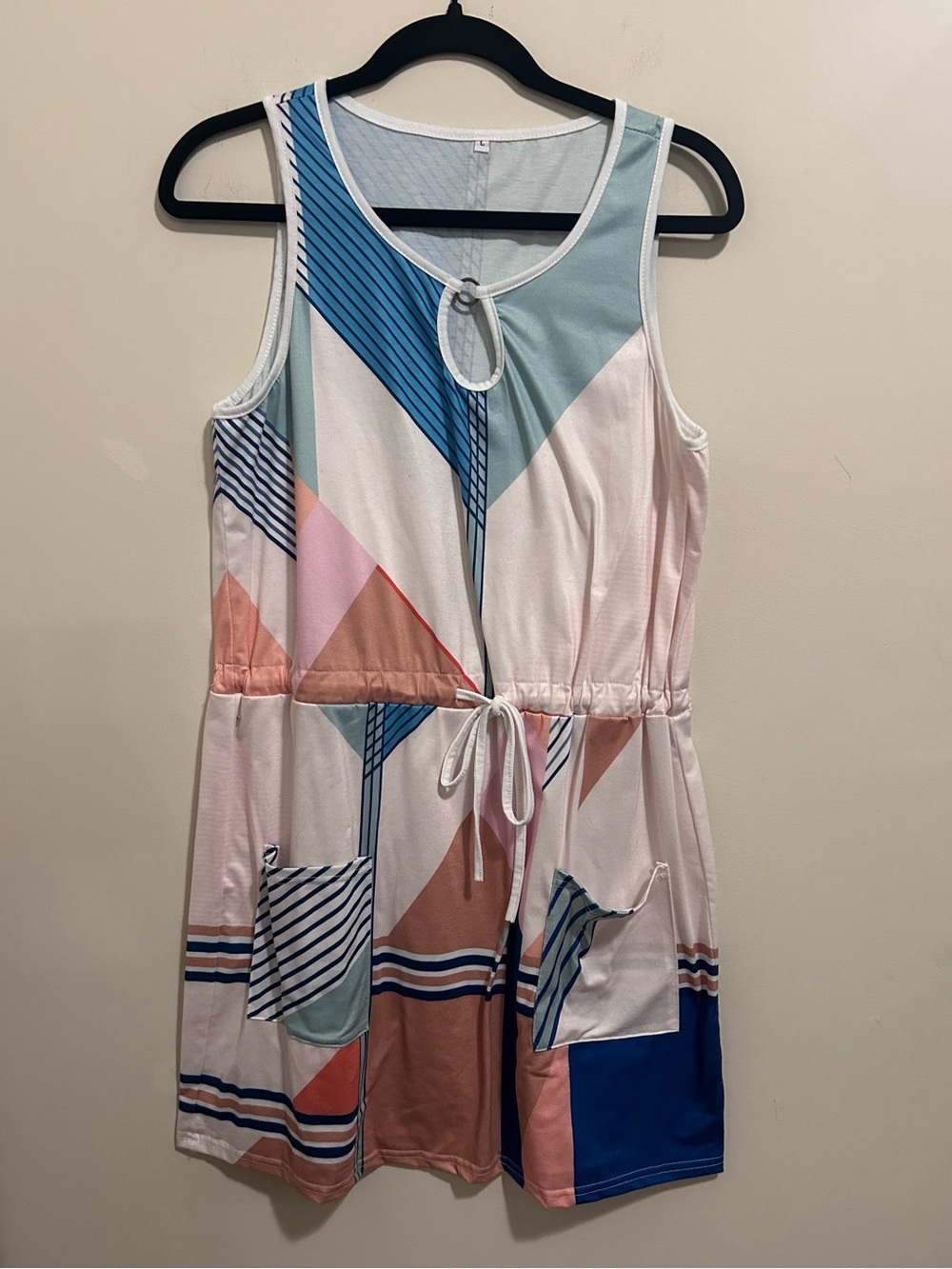 Women’s Geometric Print Drawstring Dress - Blue, Pink, Peach